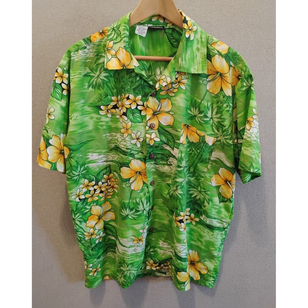 Maui Trading Company Bright Green Poly Aloha Shirt Large Made in Russia